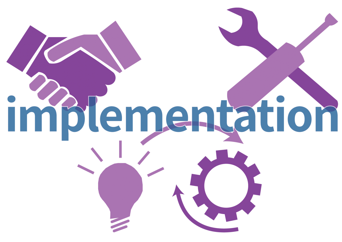 the graphic shows an illustrated representation of implementation including gears, a lightbulb, tools, and a handshake.